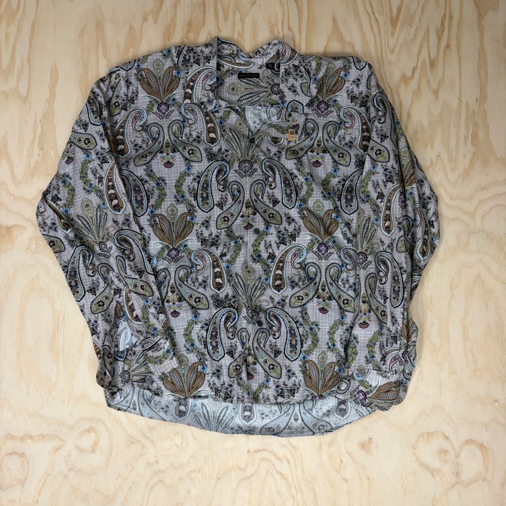 Structure Mens XL Long Sleeve Paisley Button Down Shirt Cotton Tan Blue Vintage